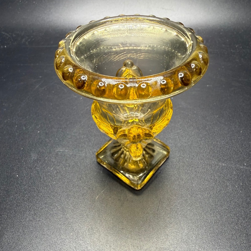 Vintage Amber Glass Toothpick Holder Miniature Urn Pedestal Beaded Rim Yellow - Picture 2 of 5